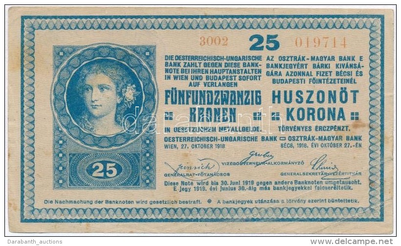 1918. 25K '3002' 3mm, Sima H&aacute;tlappal, H&aacute;tlapj&aacute;n Hamis 'R&eacute;ti Fogyaszt&aacute;si... - Non Classificati