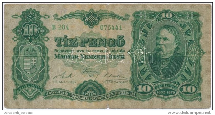 1929. 10P T:III- Kis Szakad&aacute;s, Ly.
Hungary 10 PengÅ‘ C:VG Small Tear, Hole
Adamo P8 - Unclassified