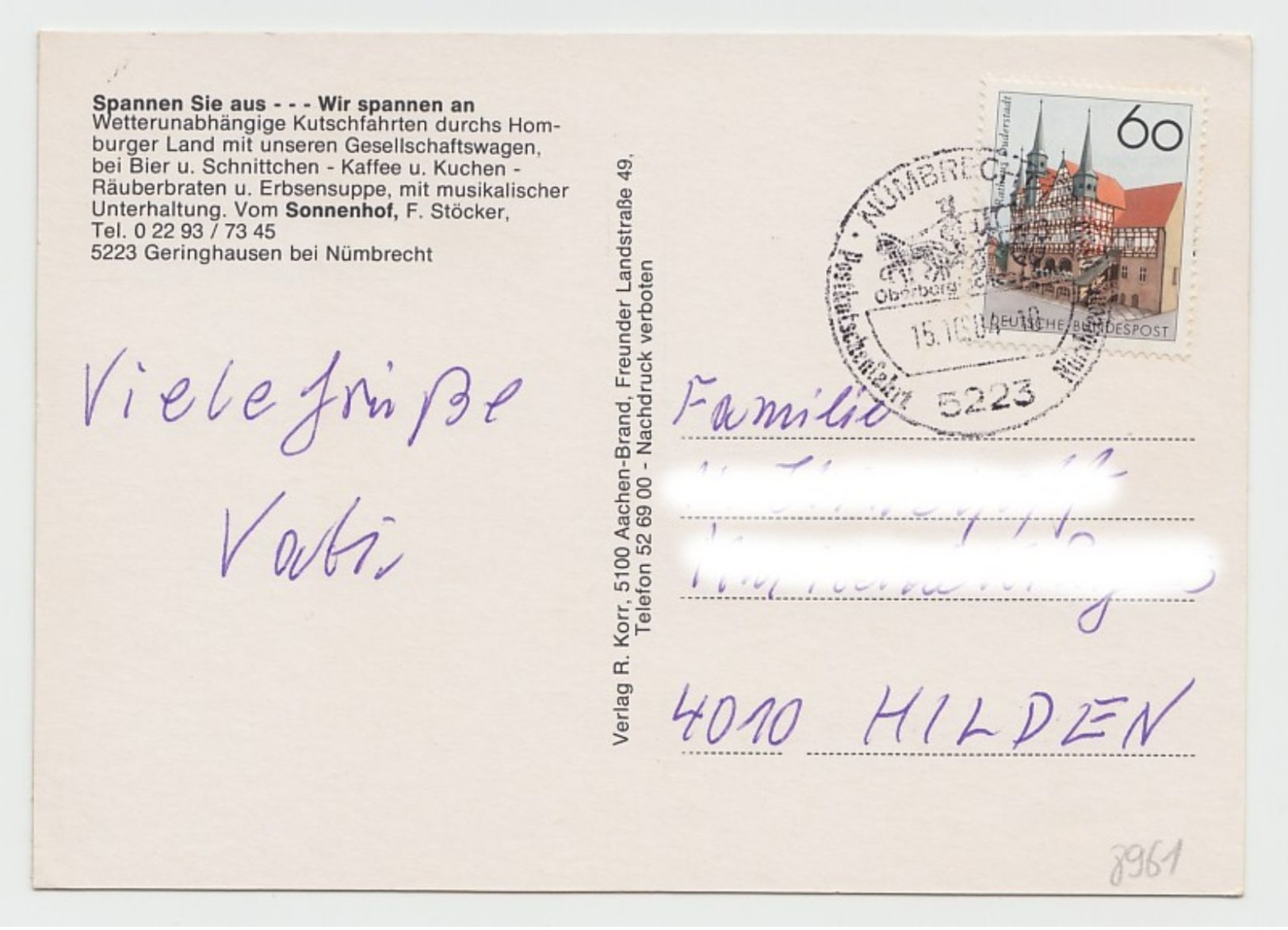 Geringhausen Bei Nümbrecht - Pension Sonnenhof - Kaffeefahrt - Gelaufen 1984 Mit Sonderstempel - Gummersbach