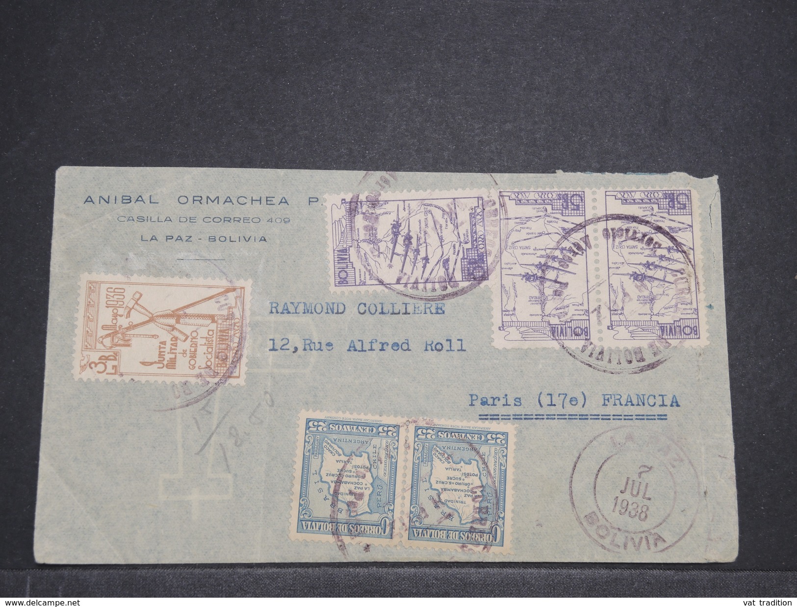 BOLIVIE - Enveloppe De La Paz Pour La France En 1938 , Affranchissement Plaisant- L 7949 - Bolivie