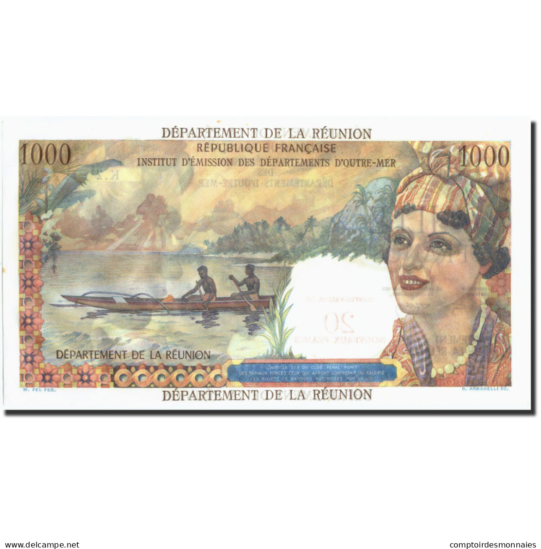 Billet, Réunion, 20 Nouveaux Francs On 1000 Francs, Undated (1967-71), Undated - Reunion