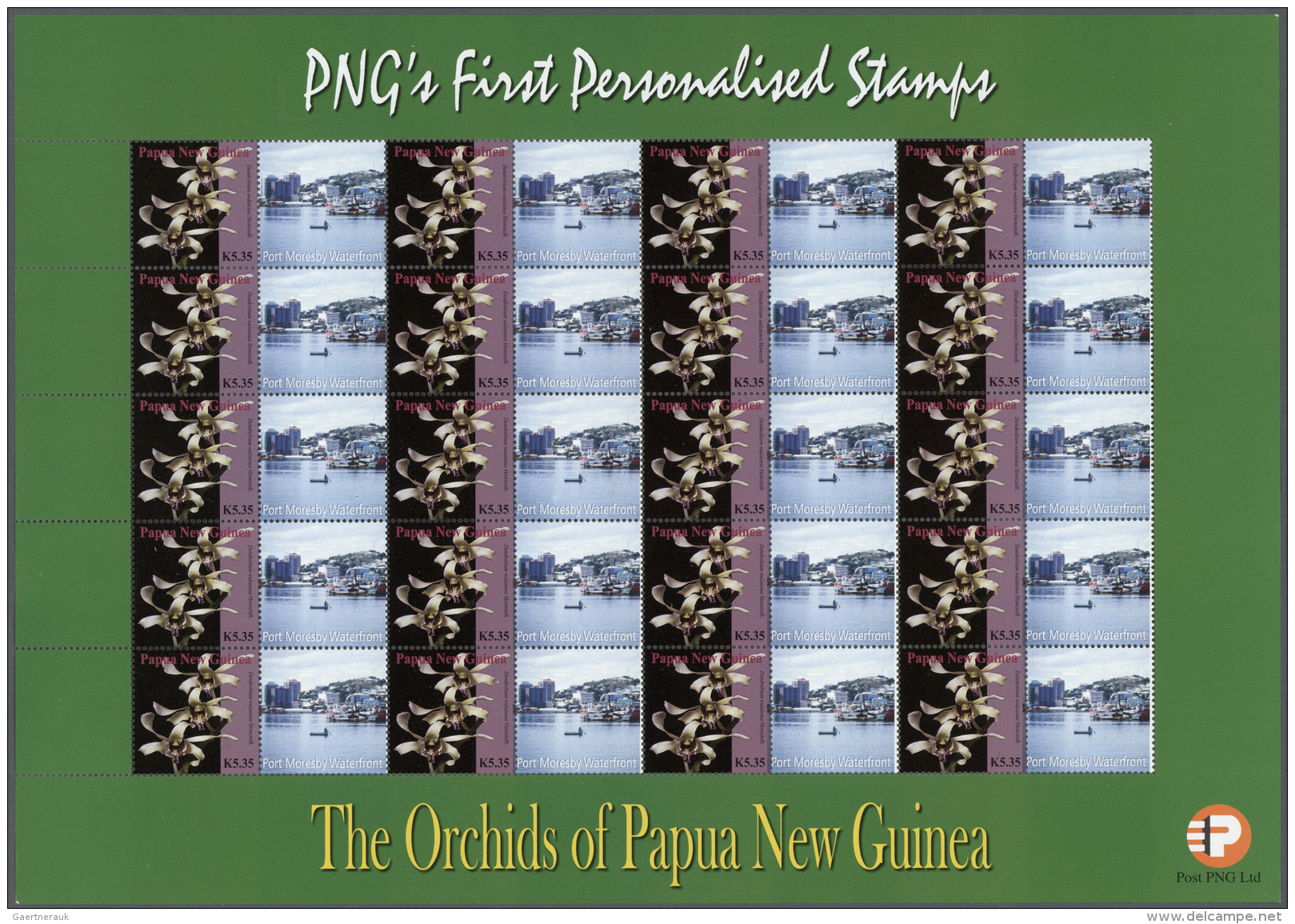 Papua Neuguinea: 2007. Lot With 500 Sheets ORCHIDS 5.35k With Personalised Ornamental Label PORT MORESBY WATERFRONT. 20 - Papua-Neuguinea