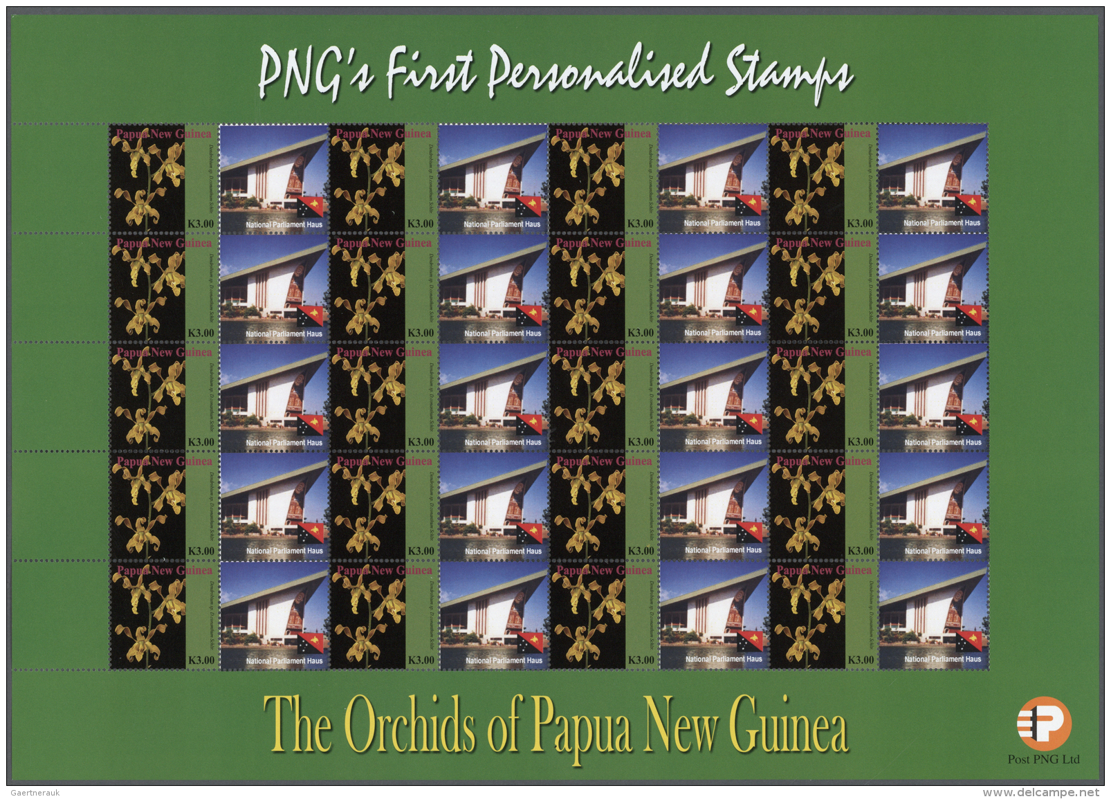 Papua Neuguinea: 2007. Lot With 500 Sheets ORCHIDS 3.00k With Personalised Ornamental Label NATIONAL PARLIAMENT HAUS. 20 - Papouasie-Nouvelle-Guinée