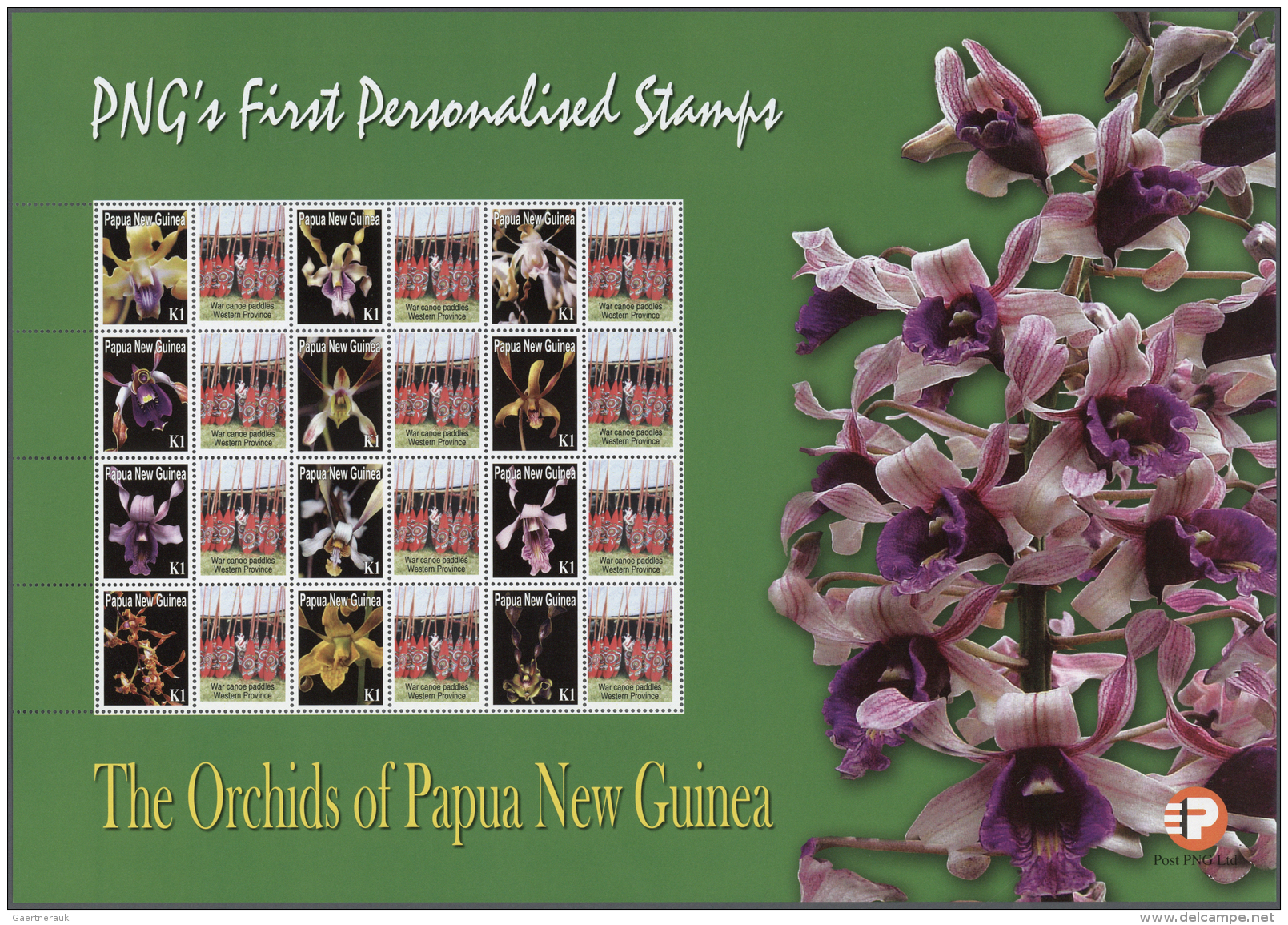 Papua Neuguinea: 2007. Lot With 500 Sheets ORCHIDS 1.00k With Personalised Ornamental Label WAR CANOE PADDLES. 12 Stamps - Papua-Neuguinea