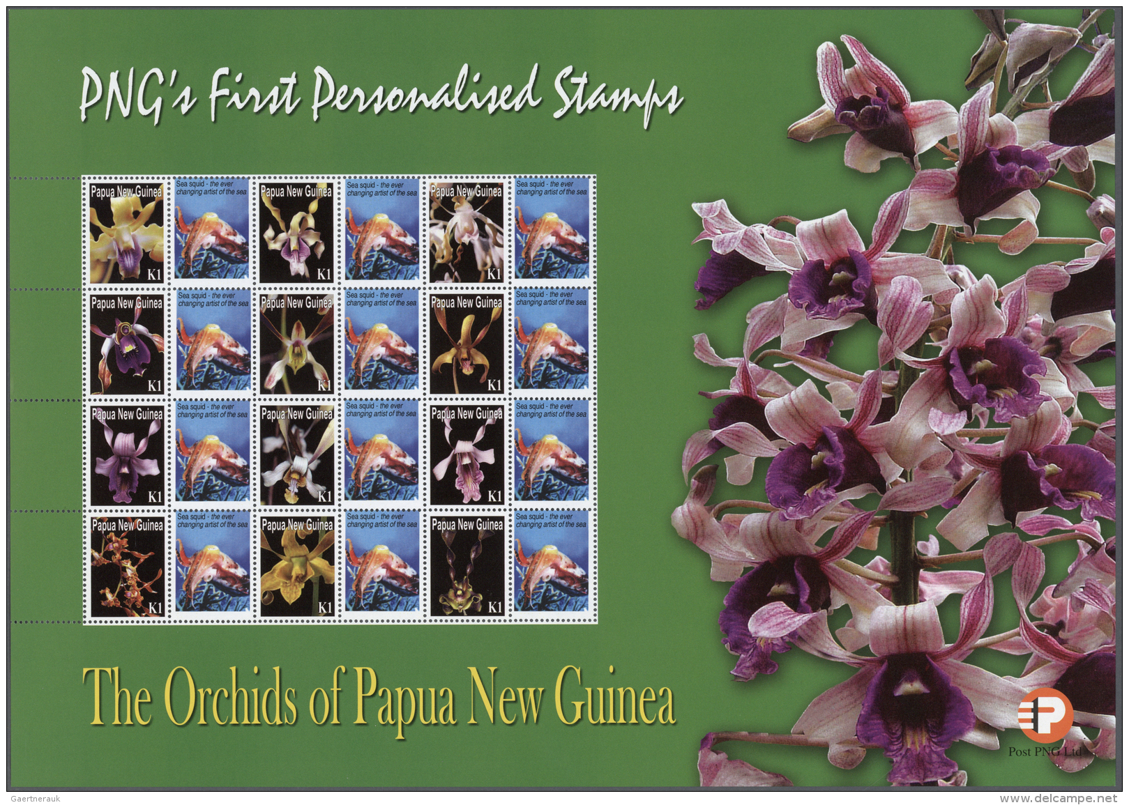Papua Neuguinea: 2007. Lot With 500 Sheets ORCHIDS 1.00k With Personalised Ornamental Label SEA SQUID. 12 Stamps And 12 - Papua-Neuguinea