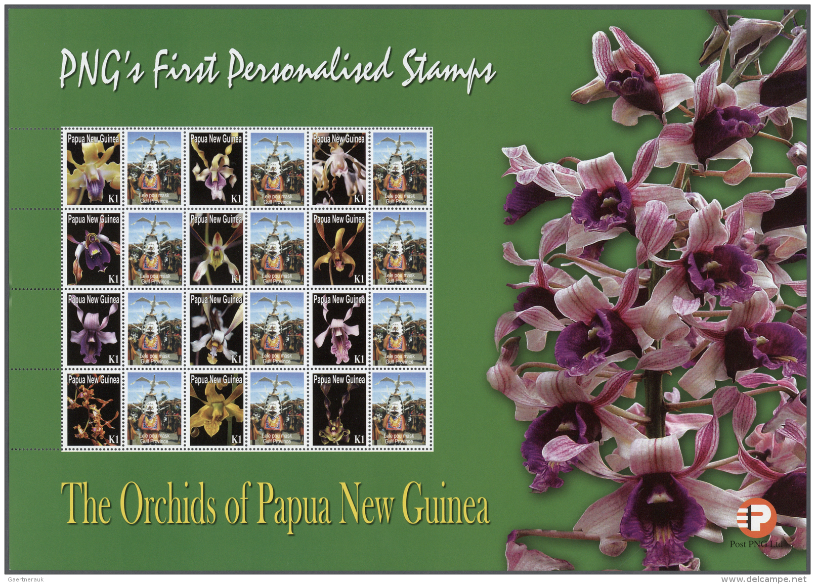 Papua Neuguinea: 2007. Lot With 500 Sheets ORCHIDS 1.00k With Personalised Ornamental Label LELE POU MASK. 12 Stamps And - Papua-Neuguinea