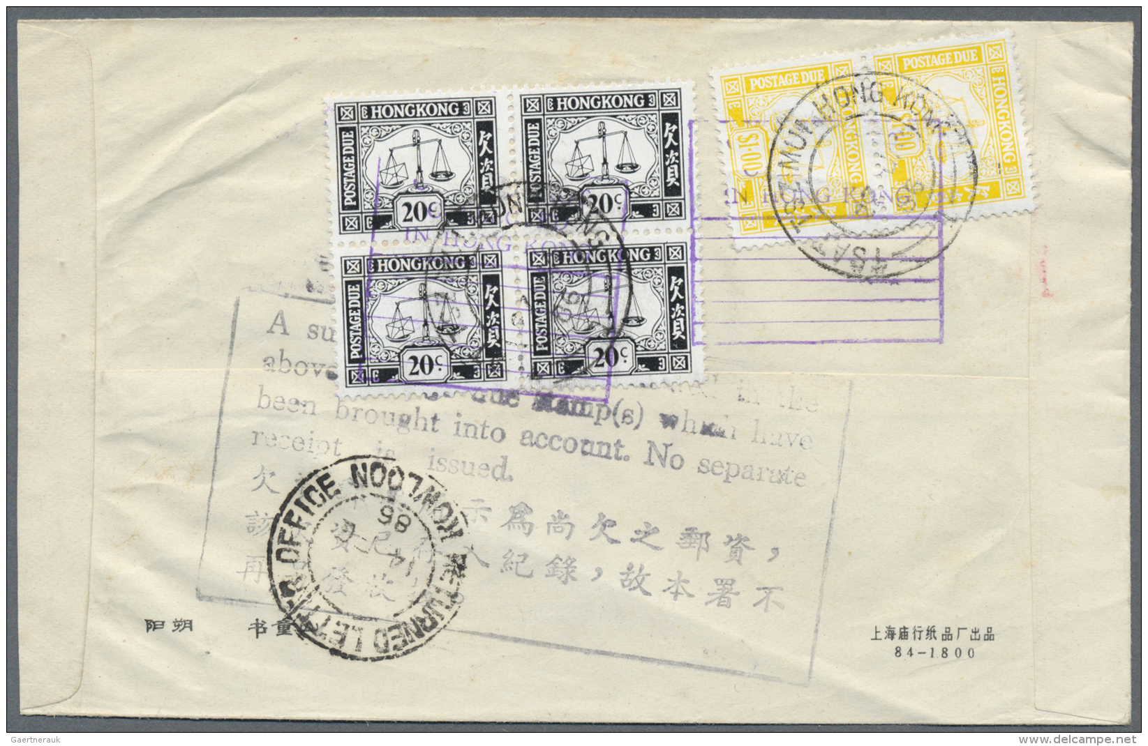 Hongkong - Portomarken: 1927/86, Three Covers: Inbound From US With 6 C. Pair 1927, Local Name Card Size Unpaid W. Green - Portomarken