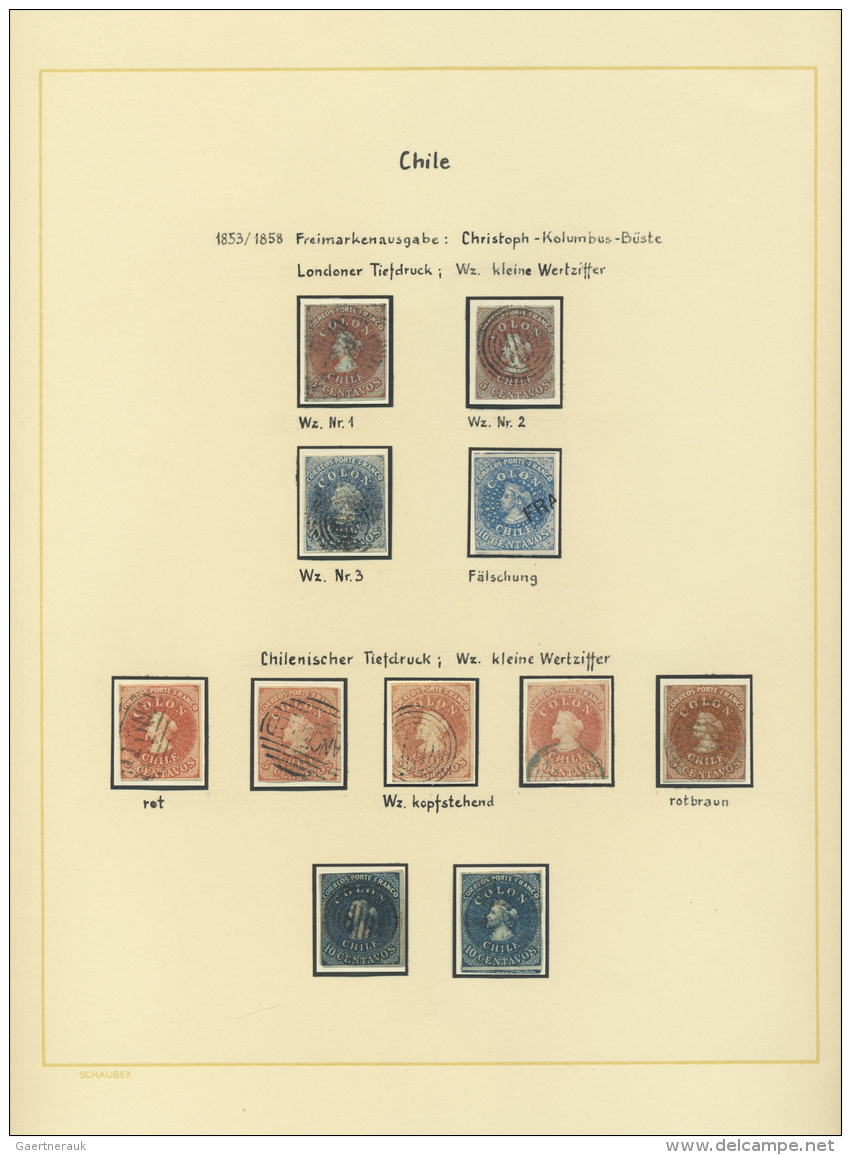 Chile: 1853-1940, Collection Mounted On Exhibition Leaves In Large Album, Starting Colon Issues In Different Printings, - Chile