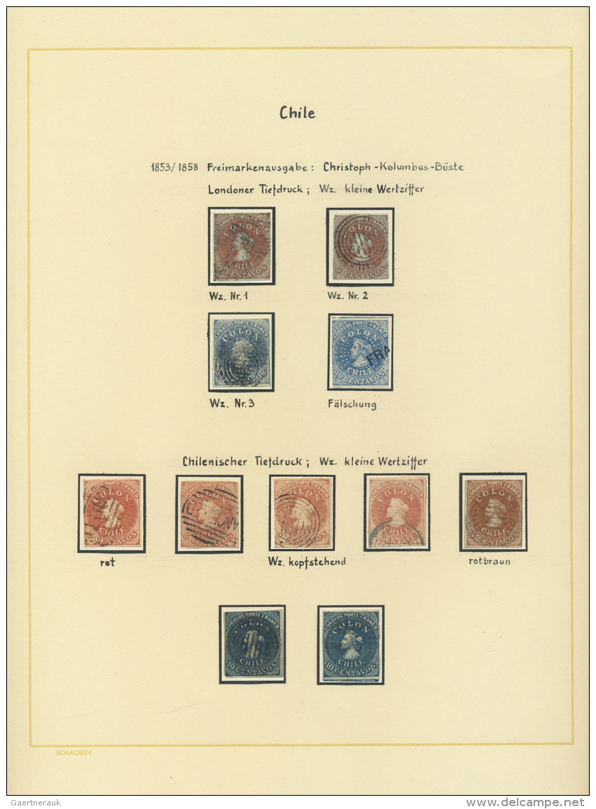 Chile: 1853-1940, Collection Mounted On Exhibition Leaves In Large Album, Starting Colon Issues In Different Printings, - Cile