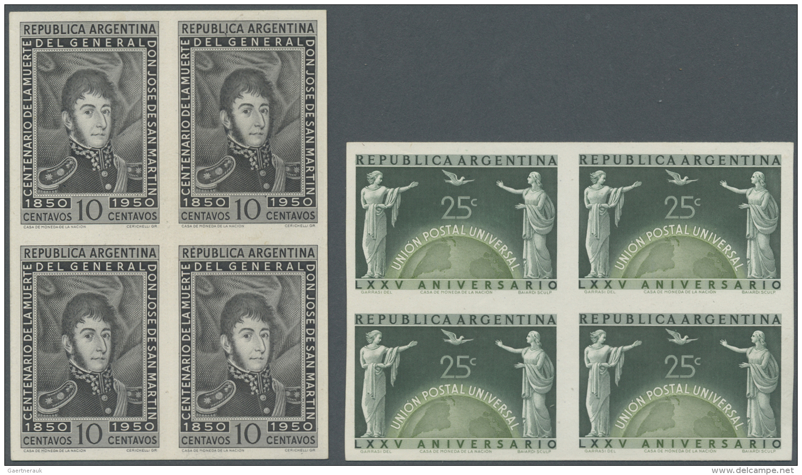 Argentinien: 1918/1957, Collection Of 128 Imperforate Proofs On Ungummed Paper (many Blocks Of Four), Issued Design But - Covers & Documents