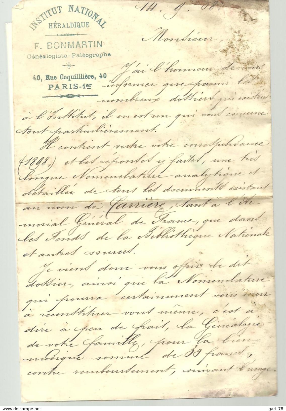 Lettre De 1908 Institut National Heraldique, F BONMARTIN, Généalogiste, Paléographe à Paris à P CARRIERE Officier Douane - Documents Historiques