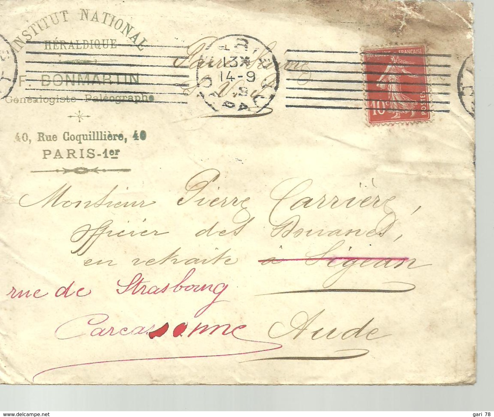 Lettre De 1908 Institut National Heraldique, F BONMARTIN, Généalogiste, Paléographe à Paris à P CARRIERE Officier Douane - Historische Documenten