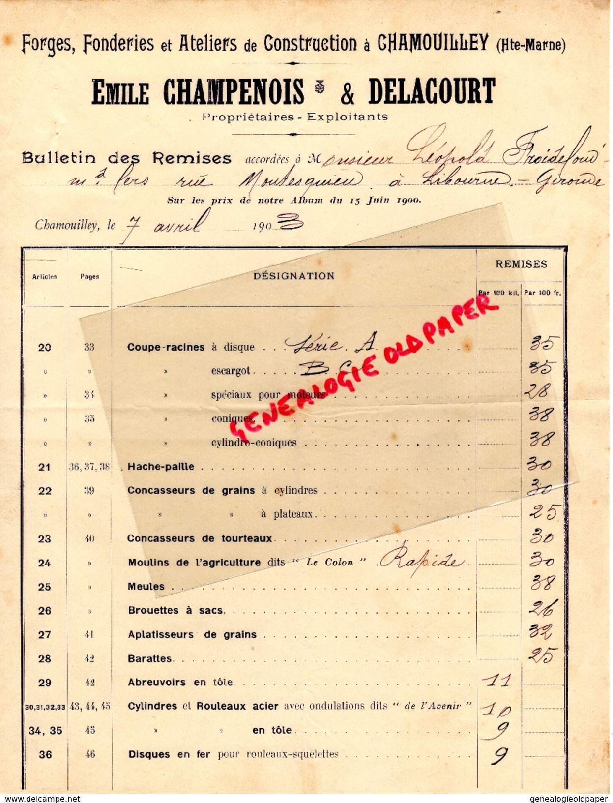 52 - CHAMOUILLEY- EMILE CHAMPENOIS & DELACOURT- FORGES-FONDERIES ATELIERS CONSTRUCTION- 1903 - Straßenhandel Und Kleingewerbe
