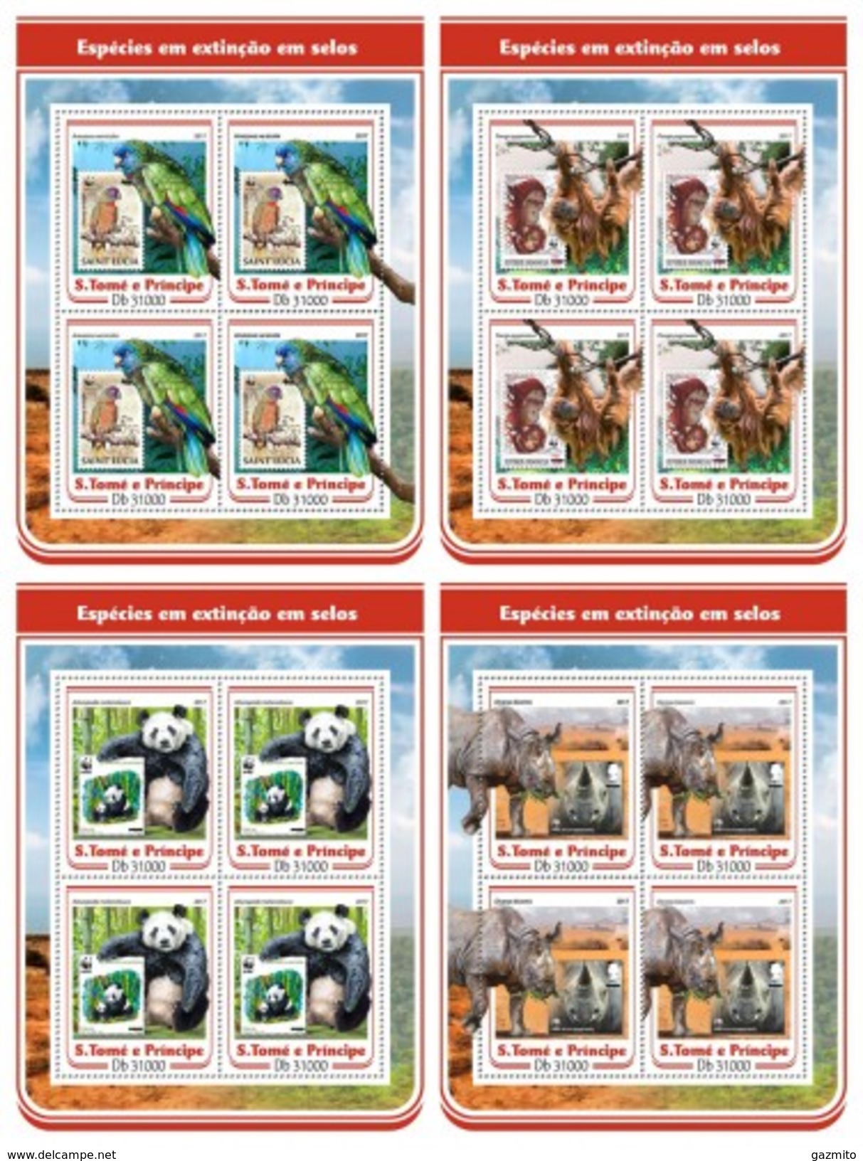 S. Tomè 2017, Stamp On Stamp, WWF, Gorillas, Parrots, Rhinos, Pandas, 4sheetlets - Gorilles