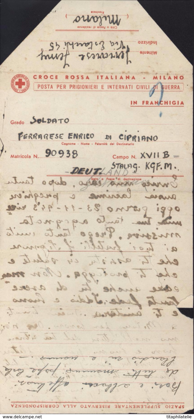 Document Formulaire Croix Rouge Genève écrite Par Italien Pour Prisonnier Italien En Allemagne Dans Stalag 23.11.1943 FM - Briefe U. Dokumente