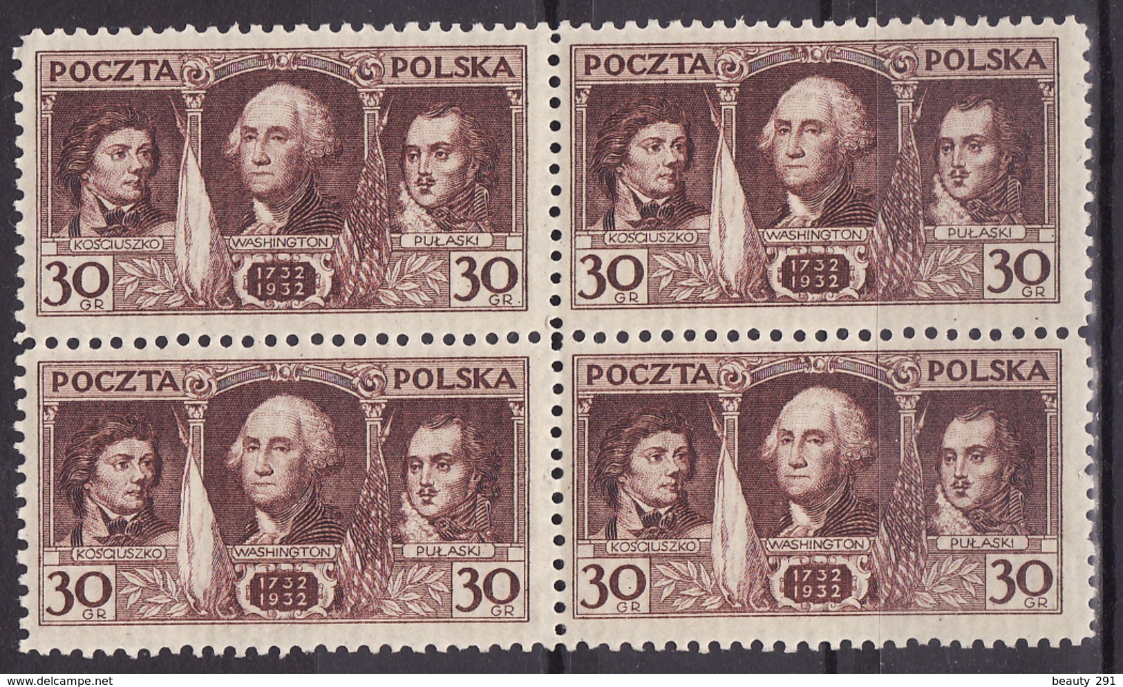 POLAND 1932 GEORGE WASHINGTON BLOCK OF 4 MNH** LUX - George Washington