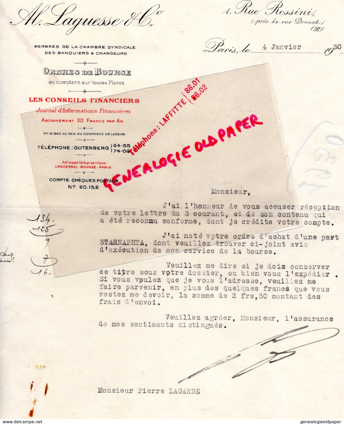 75- PARIS- ORDE DE BOURSE BANQUE- AL. LAGUESE -1 RUE ROSSINI- A M. LAGARDE BLAYE- 1930 - Banque & Assurance