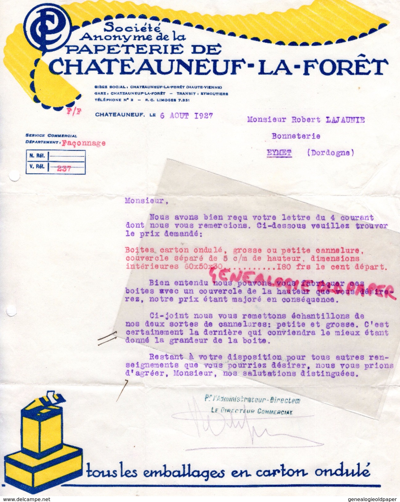 87 - CHATEAUNEUF LA FORET- LETTRE PAPETERIE CHATEAUNEUF LA FORET-CARTON ONDULE-A ROBERT LAJAUNIE BONNETERIE A EYMET-1927 - Imprimerie & Papeterie