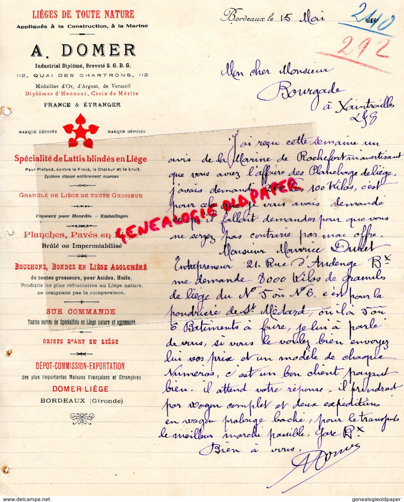 33 - BORDEAUX- LETTRE MANUSCRITE SIGNEE A. DOMER- FABRIQUE LIEGES- LIEGE POUR LA MARINE- BOUCHONS- 1910 - Straßenhandel Und Kleingewerbe