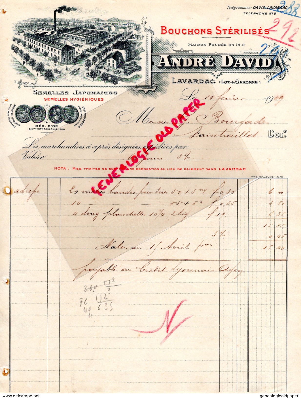47- LAVARDAC- FACTURE ANDRE DAVID-FABRIQUE BOUCHONS- SEMELLES JAPONAISES JAPON- 1909 LIEGES LIEGE - Petits Métiers