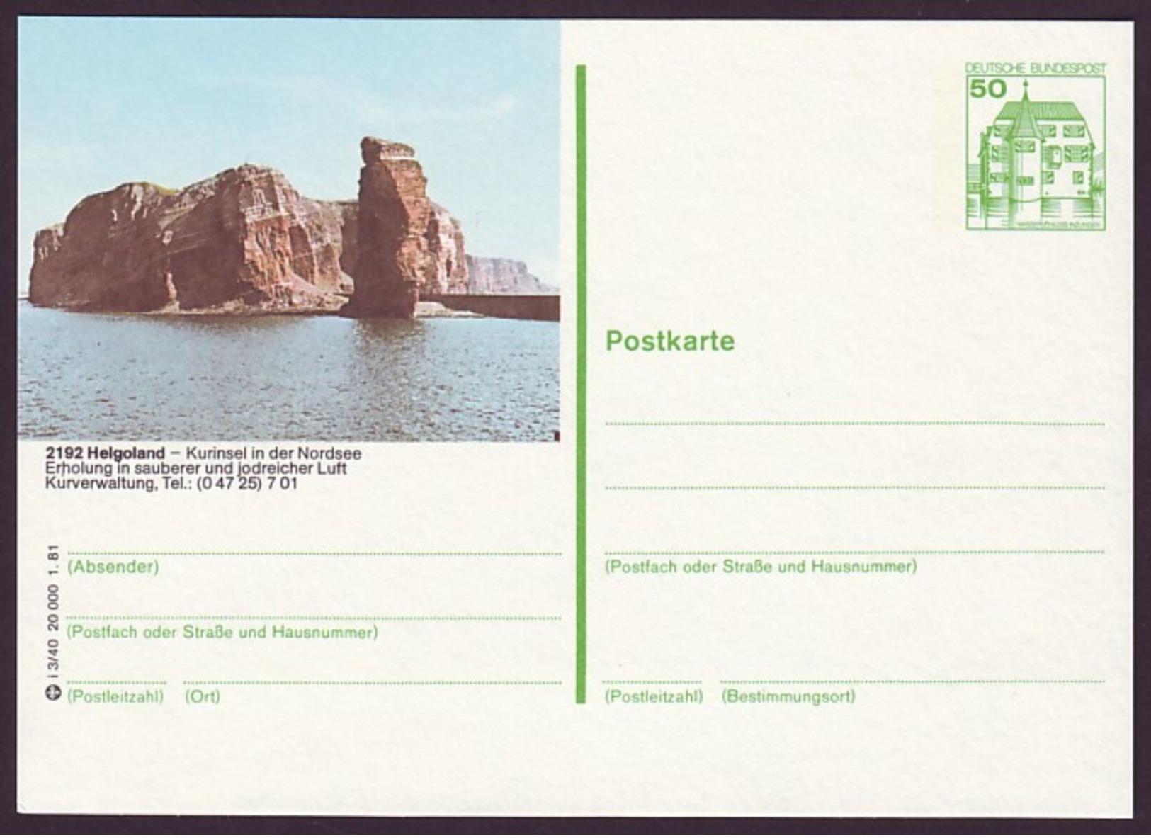 BRD Bildpostkarte - P 134 I 3/40 - Postfrisch - Helgoland (P134i) - Cartoline Illustrate - Nuovi