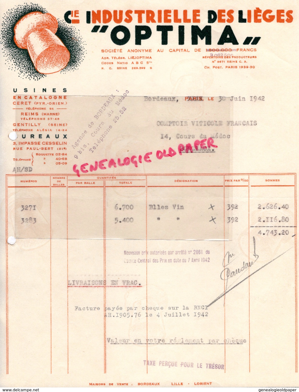 33- BORDEAUX-66- CERET- FACTURE CIE INDUSTRIELLE DES LIEGES OPTIMA- LIEGE BOUCHONS- 1942 - Petits Métiers