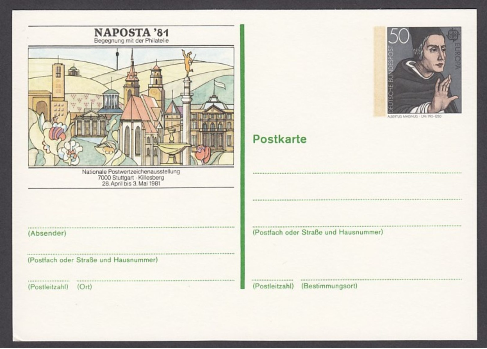 BRD - Sonderpostkarte 1981 - PSo 6 - NAPOSTA 81 Stuttgart - WSt. Albertus Magnus - Europa - Cartoline - Nuovi