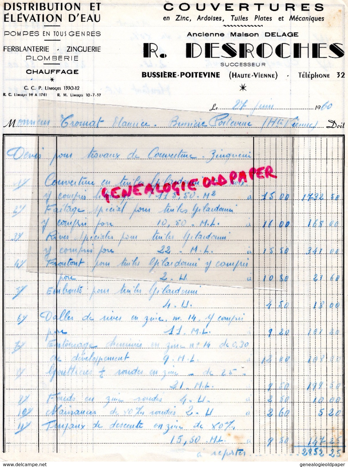 87 - BUSSIERE POITEVINE- FACTURE R. DESROCHES - DELAGE- COUVERTURE ZINC ARDOISES- PLOMBERIE CHAUFFAGE- 1960 - Petits Métiers