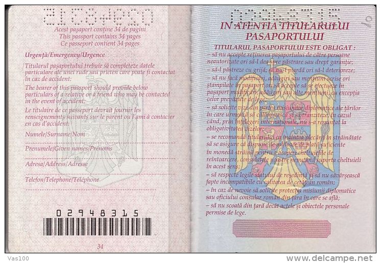 PASSPORT, PHOTO ID, CUSTOMS STAMPS, 1999, ROMANIA - Documenti Storici