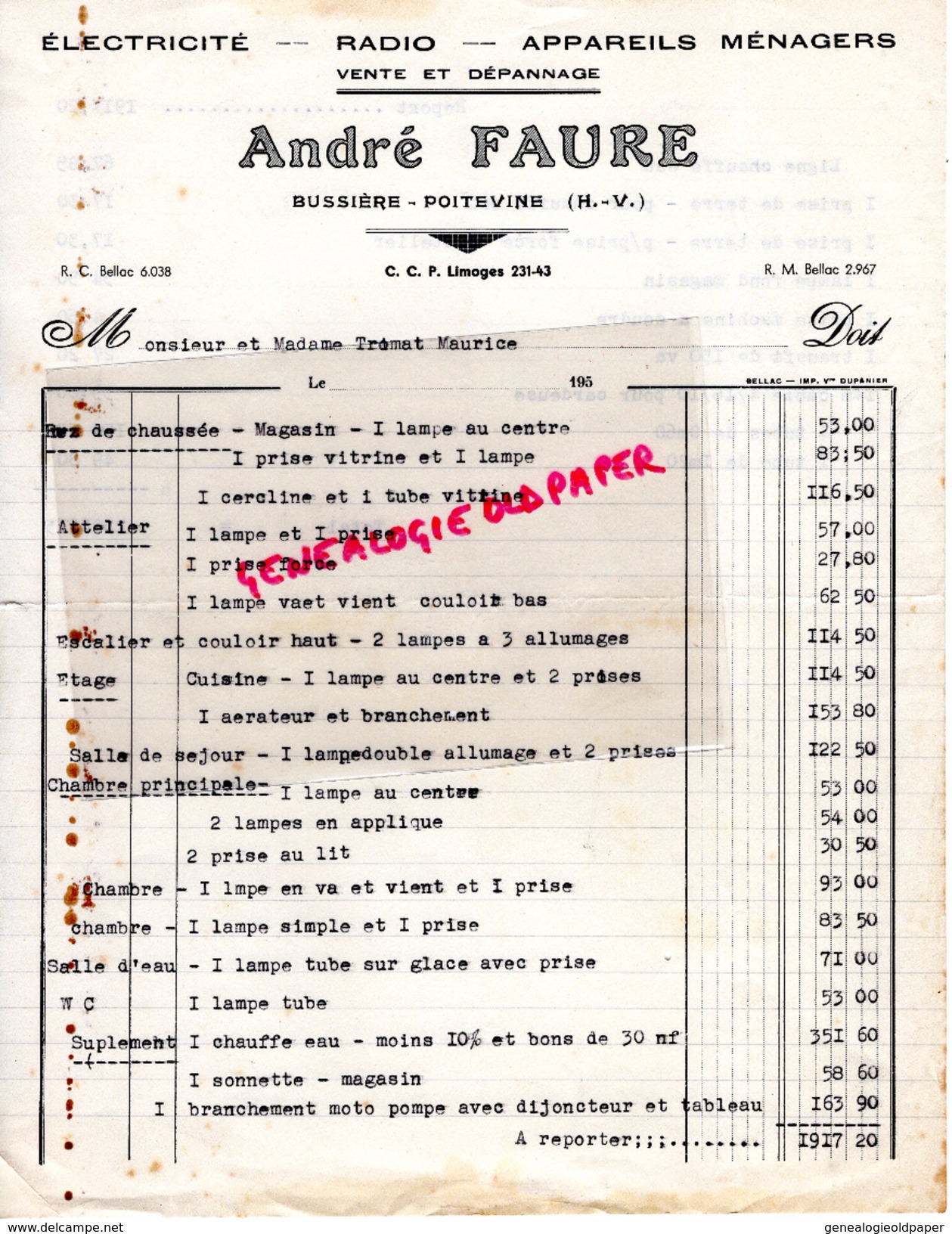 87 - BUSSIERE POITEVINE- FACTURE ANDRE FAURE-ELECTRICITE RADIO 1950 - Straßenhandel Und Kleingewerbe