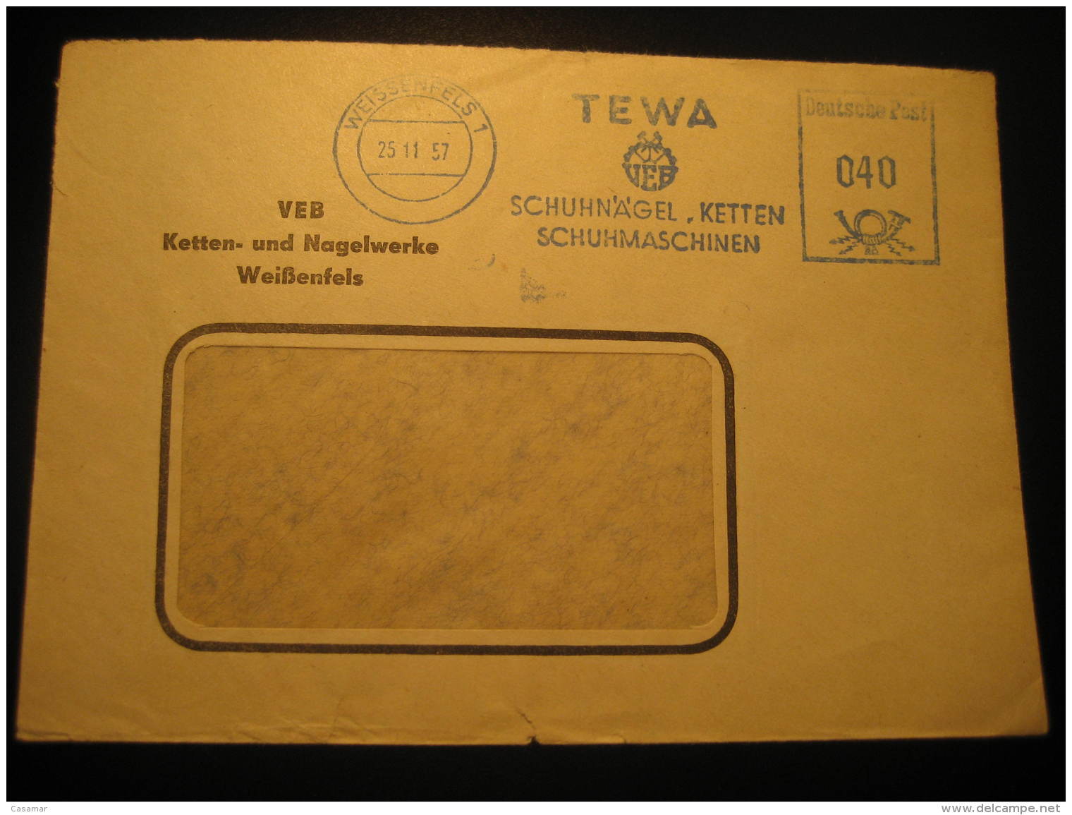 TEWA SCHUHNAGEL SCHUHMASCHINEN Footwear Shoes Shod Textile Fashion WEISSENFELS 1957 Meter Mail Cancel Cover GERMANY - Textile