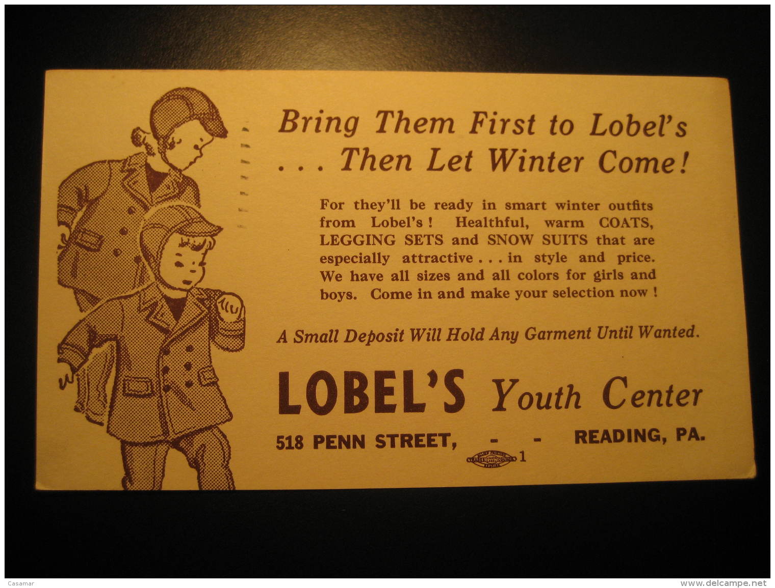 LOBEL'S COATS LEGGING SETS SNOW SUITS Textile Fashion READING 1939 Postal Stationery Card USA - Textil