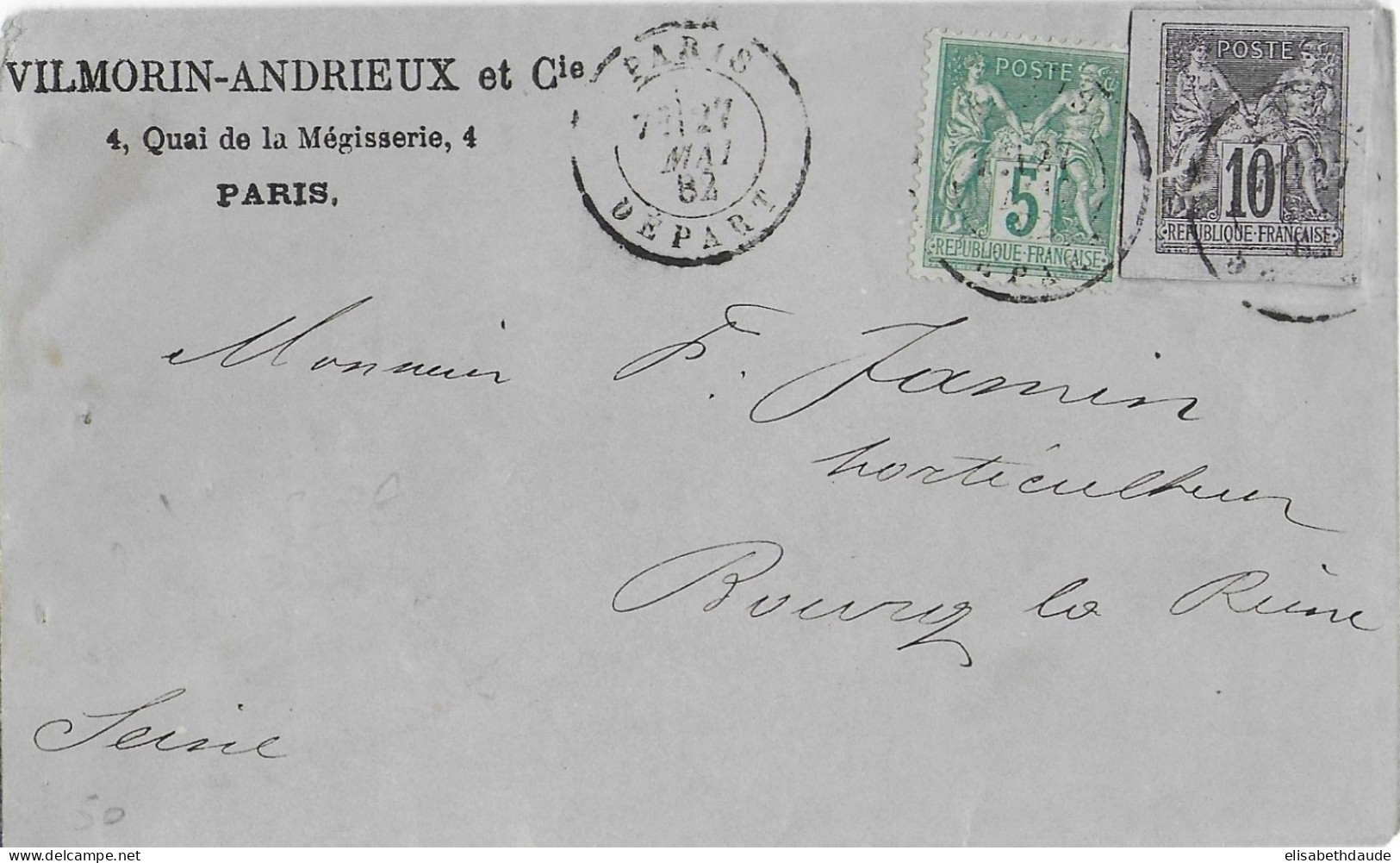 1882 - SAGE - ENVELOPPE NON TAXEE Avec ENTIER DECOUPE De PARIS => BOURG LA REINE - 1876-1898 Sage (Type II)