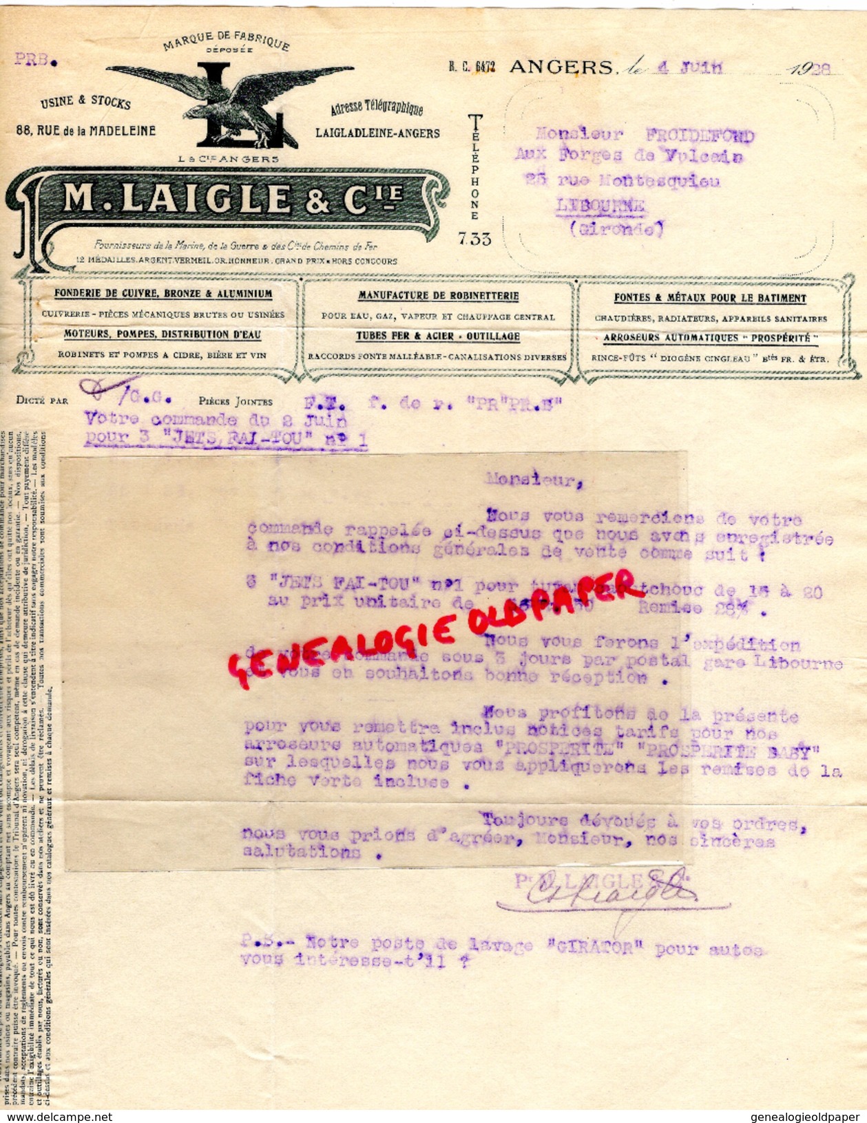 49 - ANGERS- FACTURE M. LAIGLE- AIGLE- FONDERIE CUIVRE BRONZE ALUMIMIUM- ROBINETTERIE- 1928 - Petits Métiers