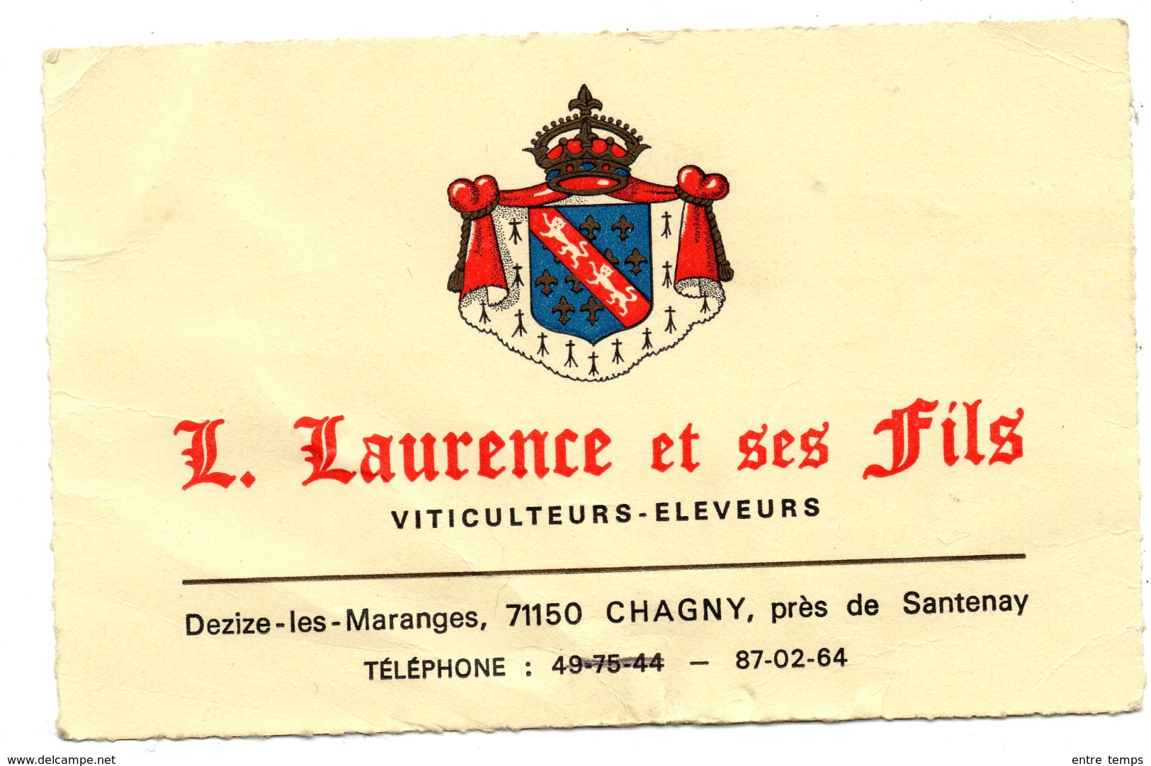 Carte Publicitaire Chagny Dezize Les Maranges Laurence Et Fils Vins Viticulteurs - Cartes De Visite