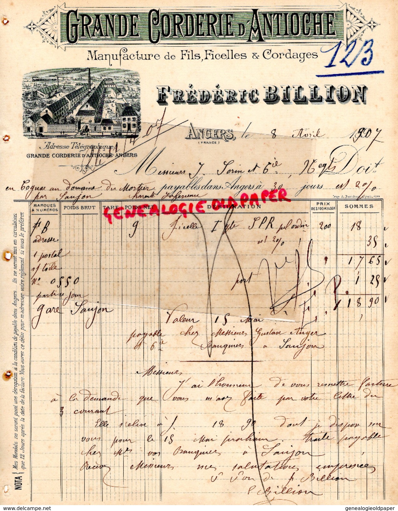 49- ANGERS- FACTURE  GRANDE CORDERIE D' ANTIOCHE- FREDERIC BILLION -MANUFACTURE FILS-FICELLES CORDAGES-1907 - Straßenhandel Und Kleingewerbe