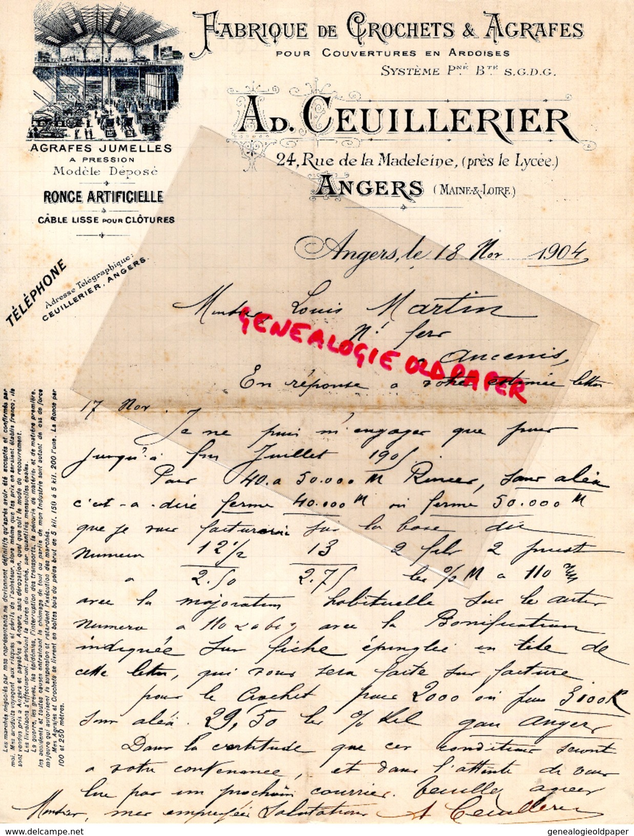 49- ANGERS- FACTURE  AD. CEUILLERIER- FABRIQUE CROCHETS AGRAFES POUR COUVERTURE ARDOISES- 1904 -24 RUE MADELEINE - Old Professions