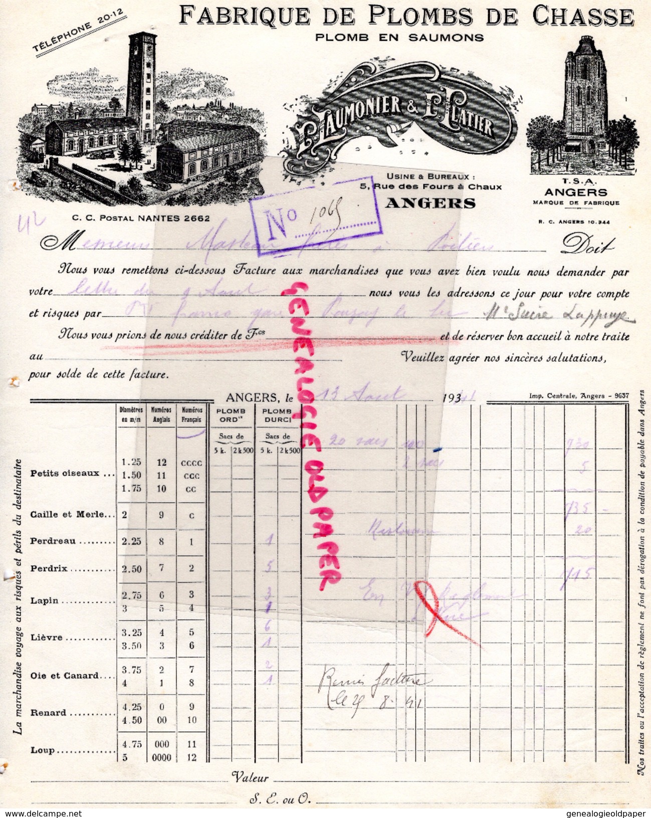 49- ANGERS- FACTURE L. LAUMONIER & P. PLATIER-FABRIQUE PLOMBS DE CHASSE-SAUMONS- 5 RUE FOURS A CHAUX- 1941 - Straßenhandel Und Kleingewerbe