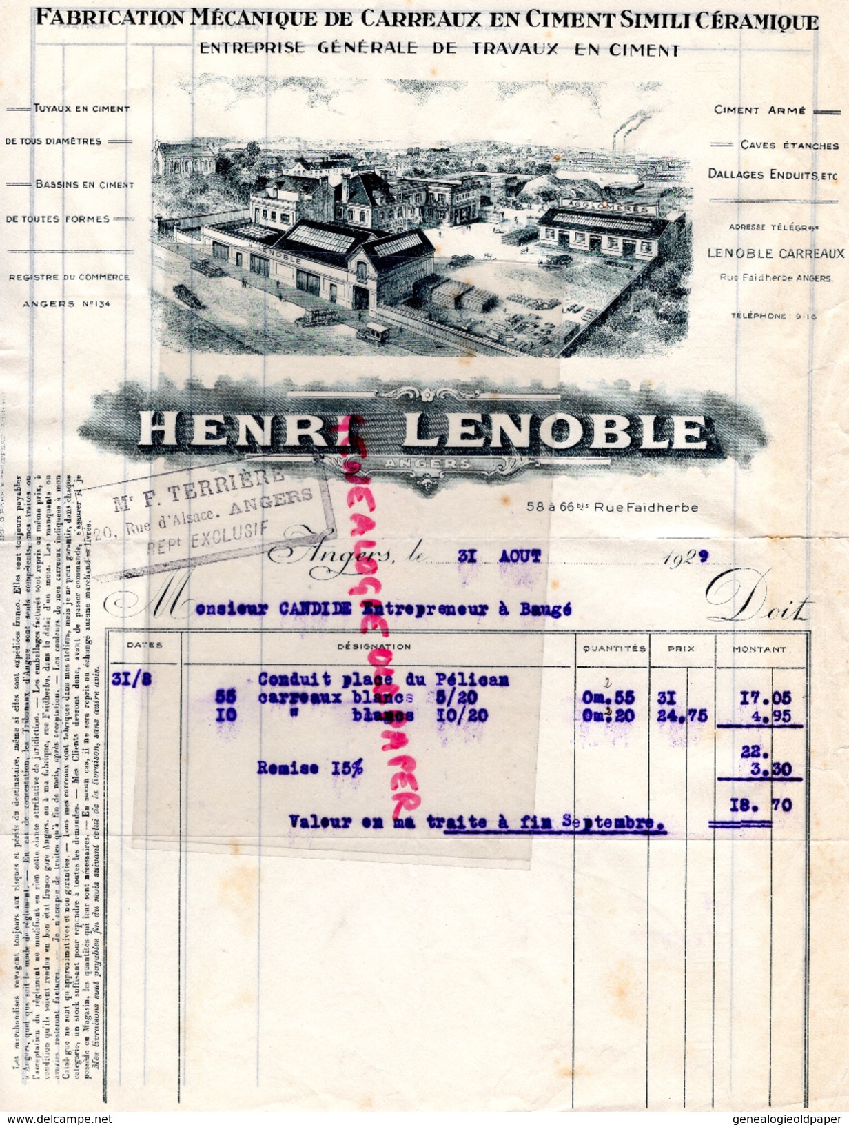 49- ANGERS-LETTRE FACTURE HENRI LENOBLE-FABRIQUE MECANIQUE CARREAUX CIMENT SIMILI CERAMIQUE- A M. CANDIDE A BAUGE-1929 - Petits Métiers
