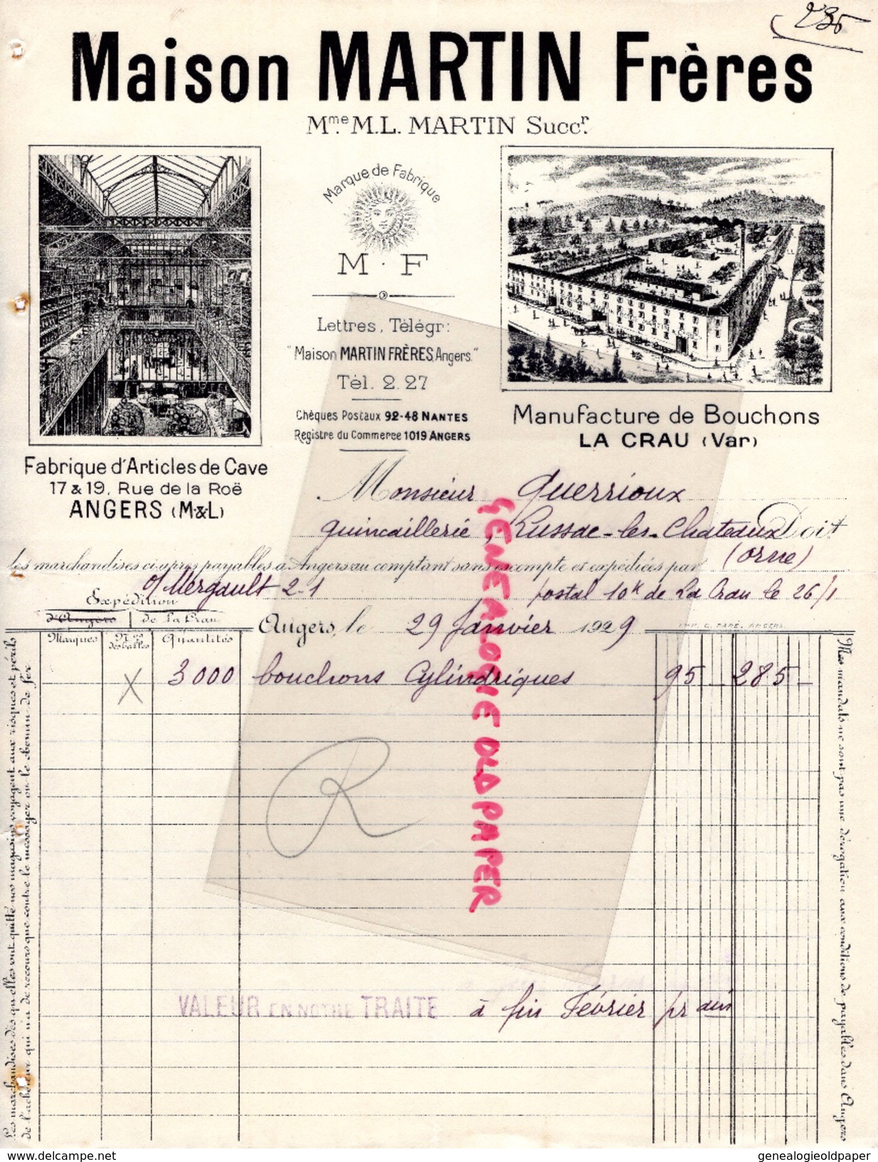 49-ANGERS-83-LA CRAU- FACTURE MARTIN FRERES-FABRIQUE ARTICLES CAVES VINS-BOUCHONS- 1929 M. QUERRIOUX LUSSAC LES CHATEAUX - Straßenhandel Und Kleingewerbe