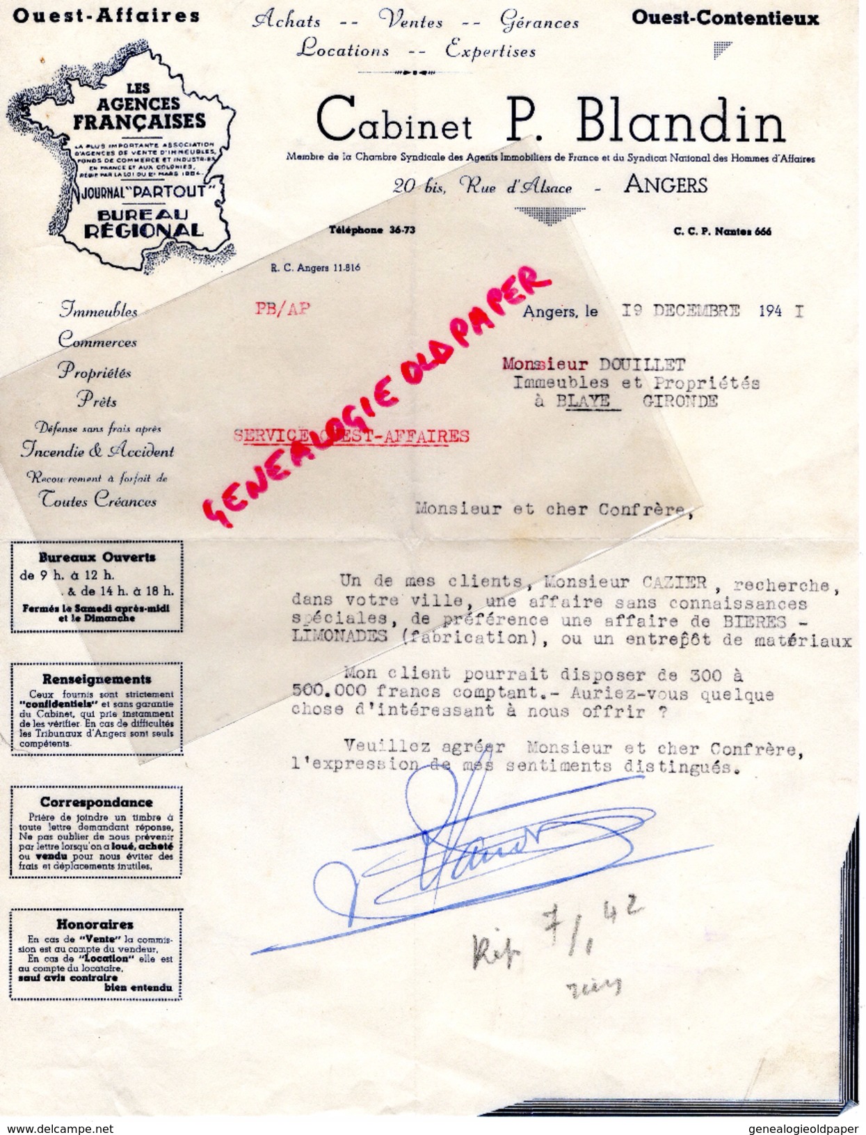 49- ANGERS- LETTRE CABINET P. BLANDIN- OUEST AFFAIRES CONTENTIEUX- 20 BIS RUE D' ALSACE- 1941 - Straßenhandel Und Kleingewerbe