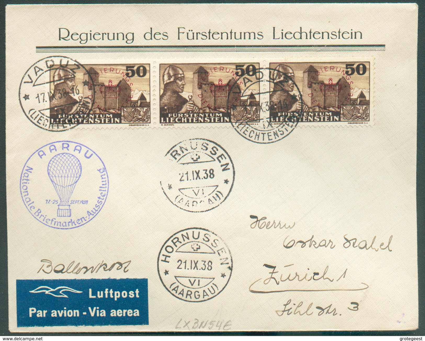 Service N°6 (bande De Trois) Obl. Dc VADUZ Sur Lettre Par Avion Vers Zürich 17-IX-1938 + Dc HORNUSSEN (21-IX) Et C Bleu - Service