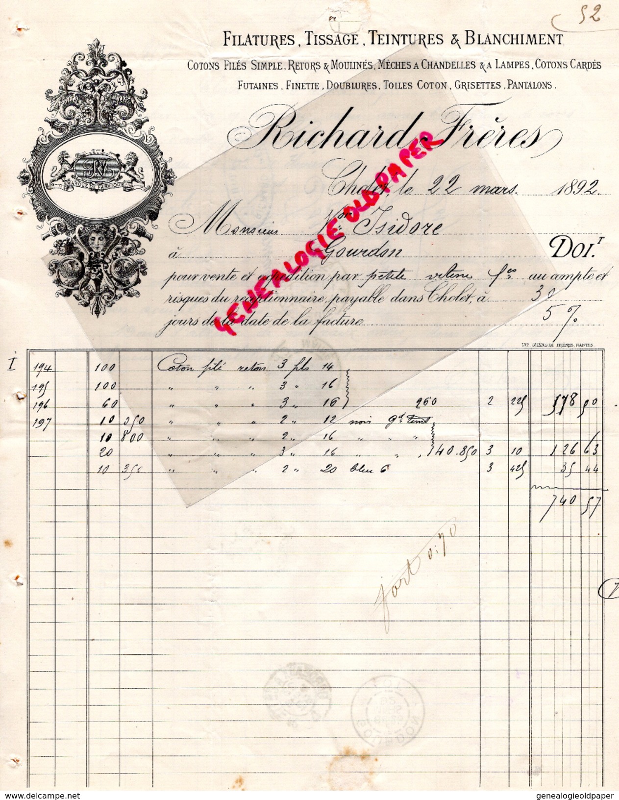 49- CHOLET- LETTRE FACTURE RICHARD FRERES- FILATURES TISSAGE TEINTURES BLANCHIMENT-1892- A M. ISIDORE A GOURDON - Straßenhandel Und Kleingewerbe