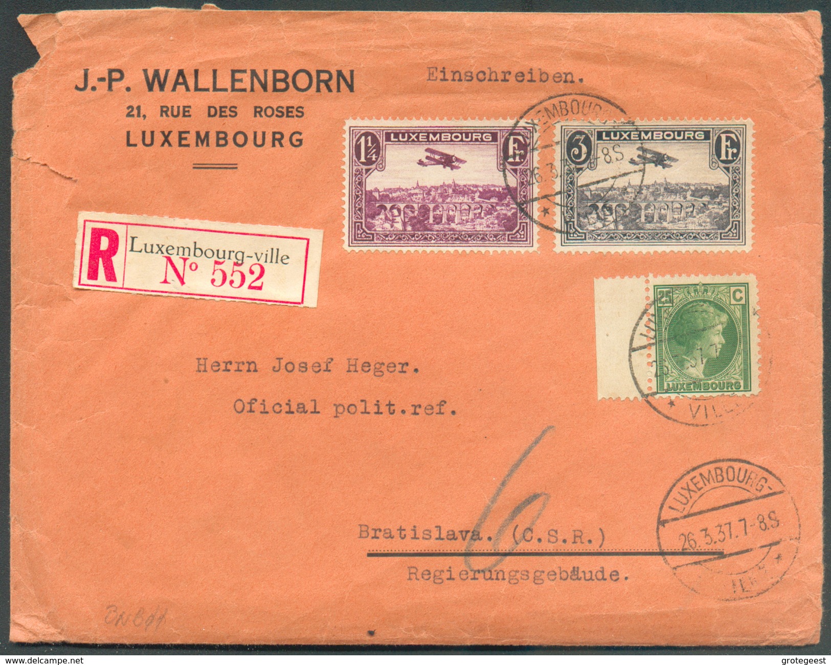 PA4 + 6 + Tp N°167 Obl. Dc LUXEMBOURG Sur Lettre Recommandée Du 26-3-37 Vers Bratislava (Tchécoslovaquie) - 11843 - Cartas & Documentos