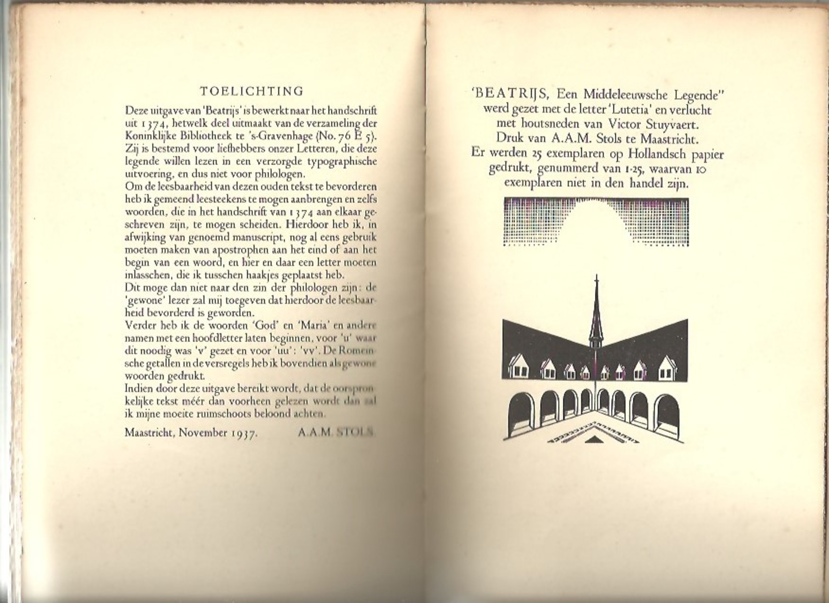 Beatrys een middeleeuwse legende met houtsneden van V. Stuyvaert	 - A.A.M. Stols - Maastricht    1937