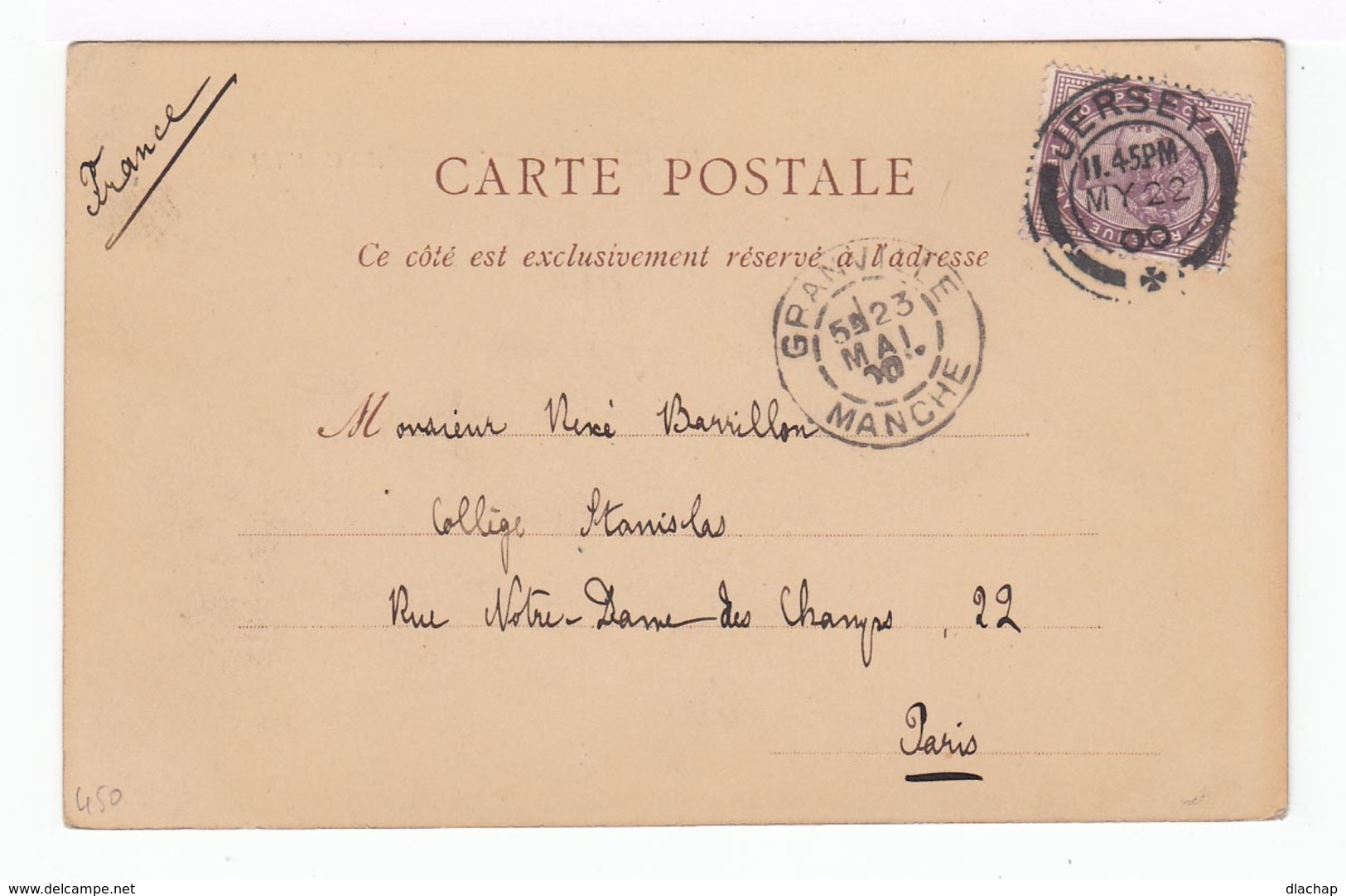 Sur Carte Postale Jersey Pour Paris Timbre One Penny CAD Jersey 1900. CAD Granville Manche. (1594) - Autres & Non Classés