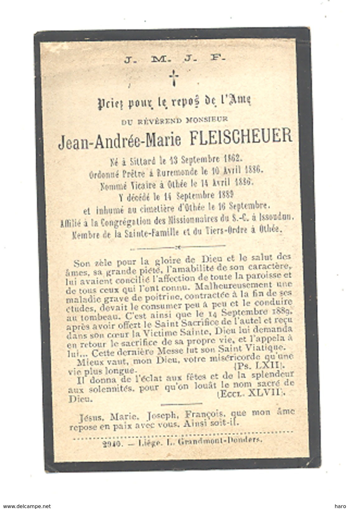 Faire Part De Décès - L'abbé Jean FLEISCHEUER - Sittard 1862 - Ruremonde, Othée 1889 (pog) - Esquela