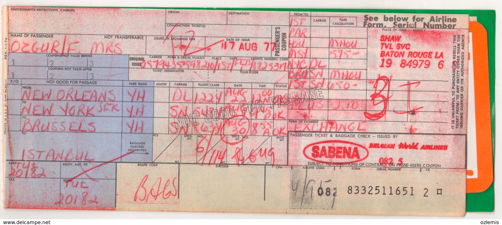 SABENA AIRLINES PASSENGER TICKET 1977 - Tickets