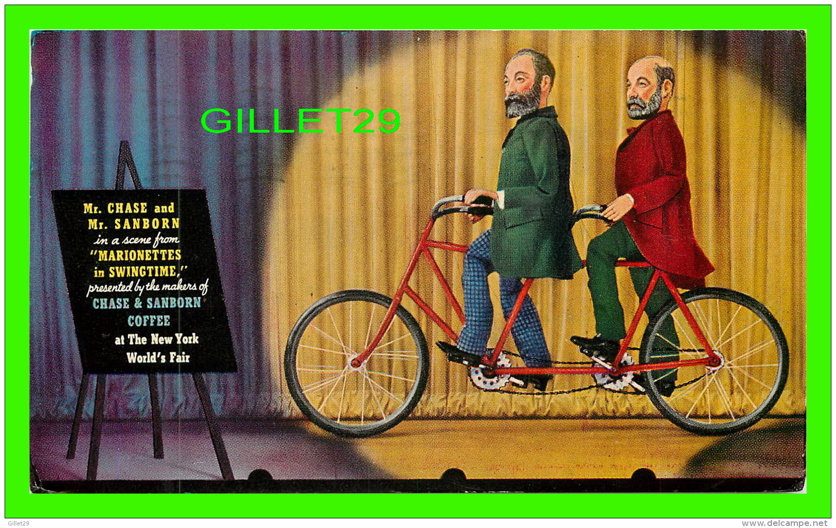 NEW YORK CITY, NY - THE STANDARD BRANDS MARIONETTE SHOW - MR. CHASE &amp; MR. SANBORN - BICYCLE -  TRAVEL IN 1939 - - Exhibitions