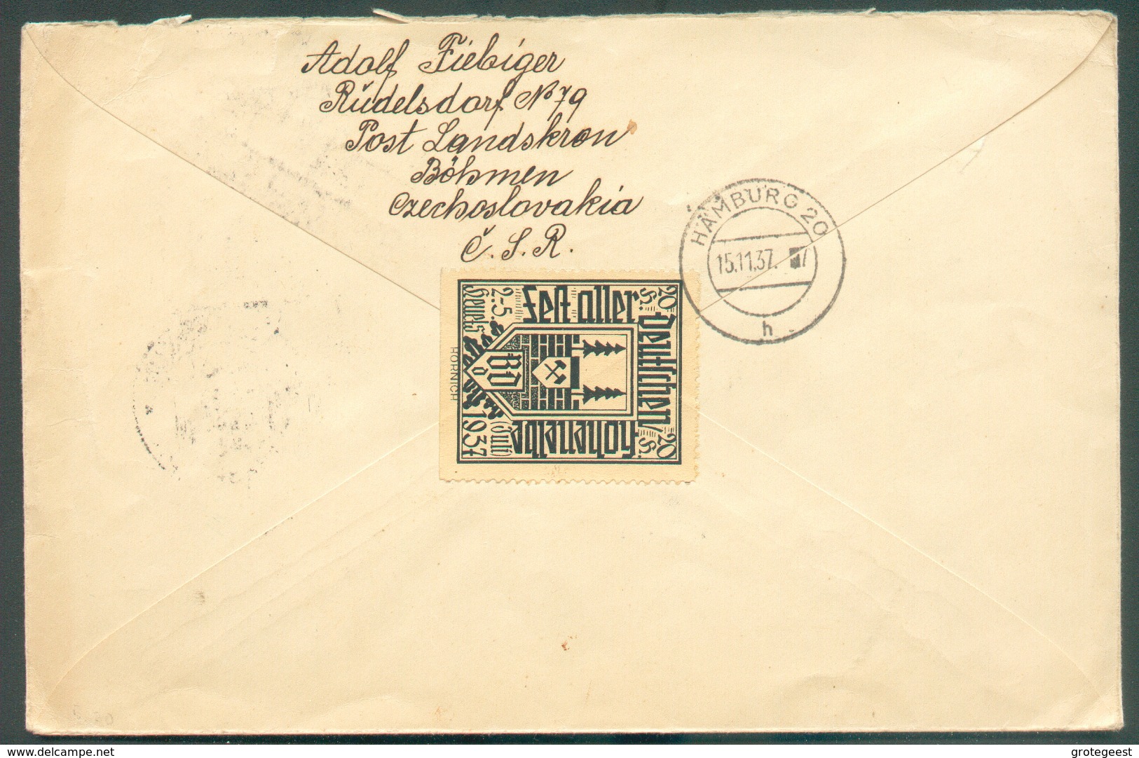 N°317-331-332 Obl. Dc LANSKRONN Sur Lettre Recommandée Du 13.11.1937 Vers Hamburg - Verso : Vignette Sea Aller Deutschen - Lettres & Documents